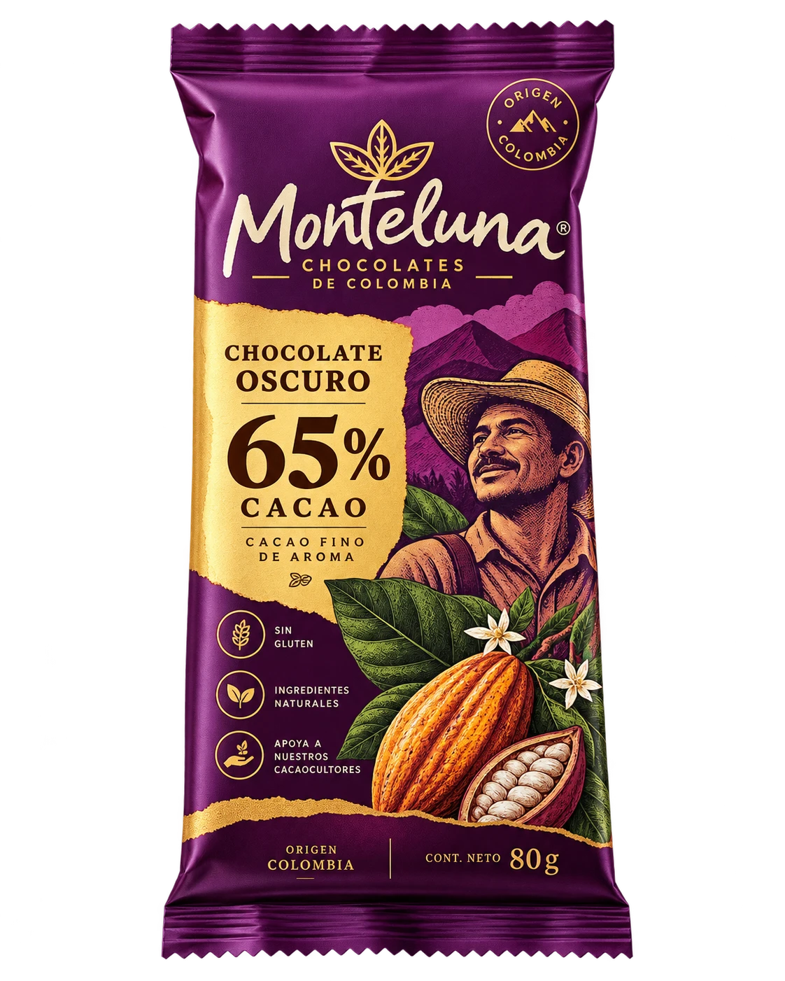 Barra de chocolate oscuro Monteluna 65 % cacao, 80 g