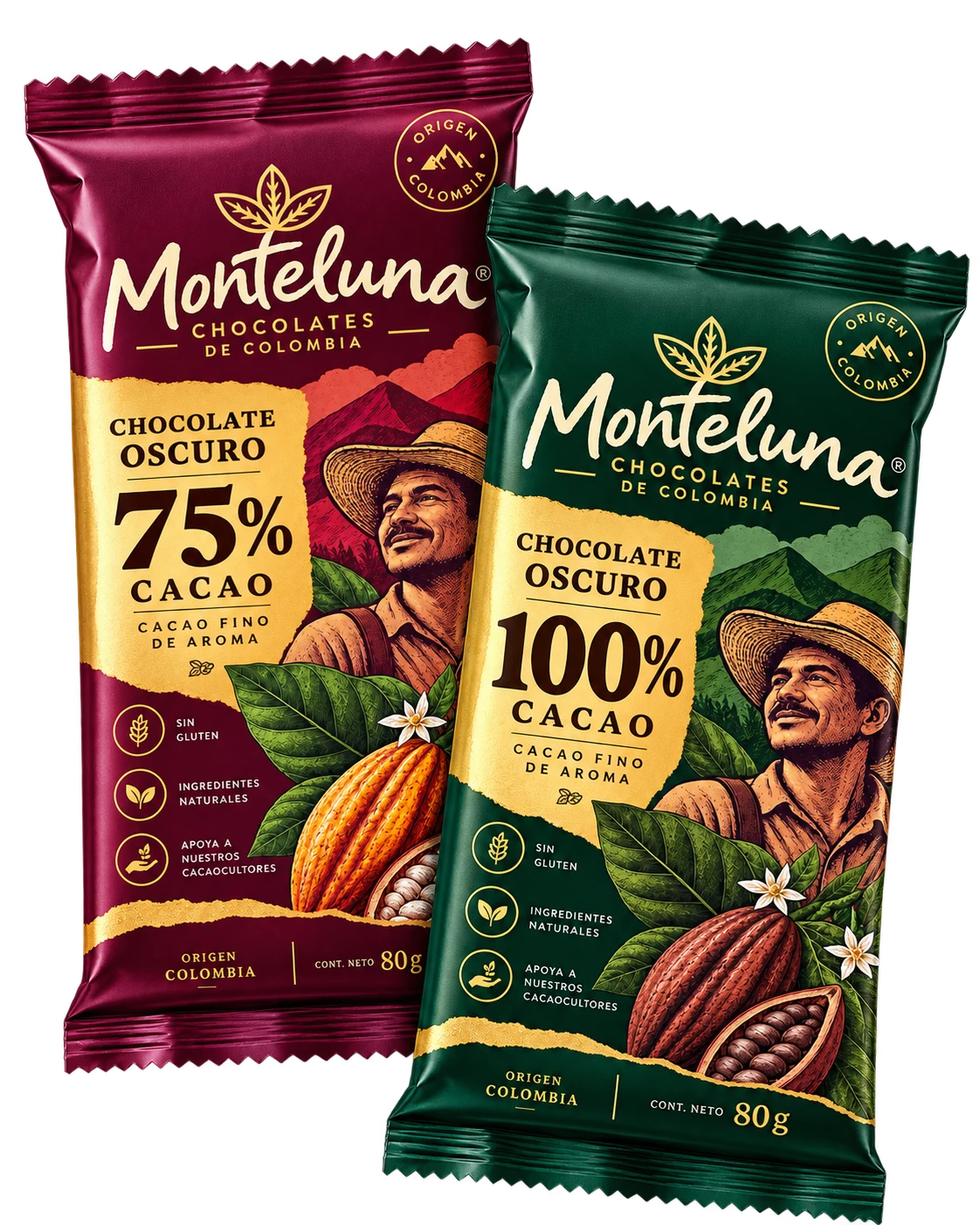 Barras de chocolate oscuro Monteluna 75 % y 100 % cacao